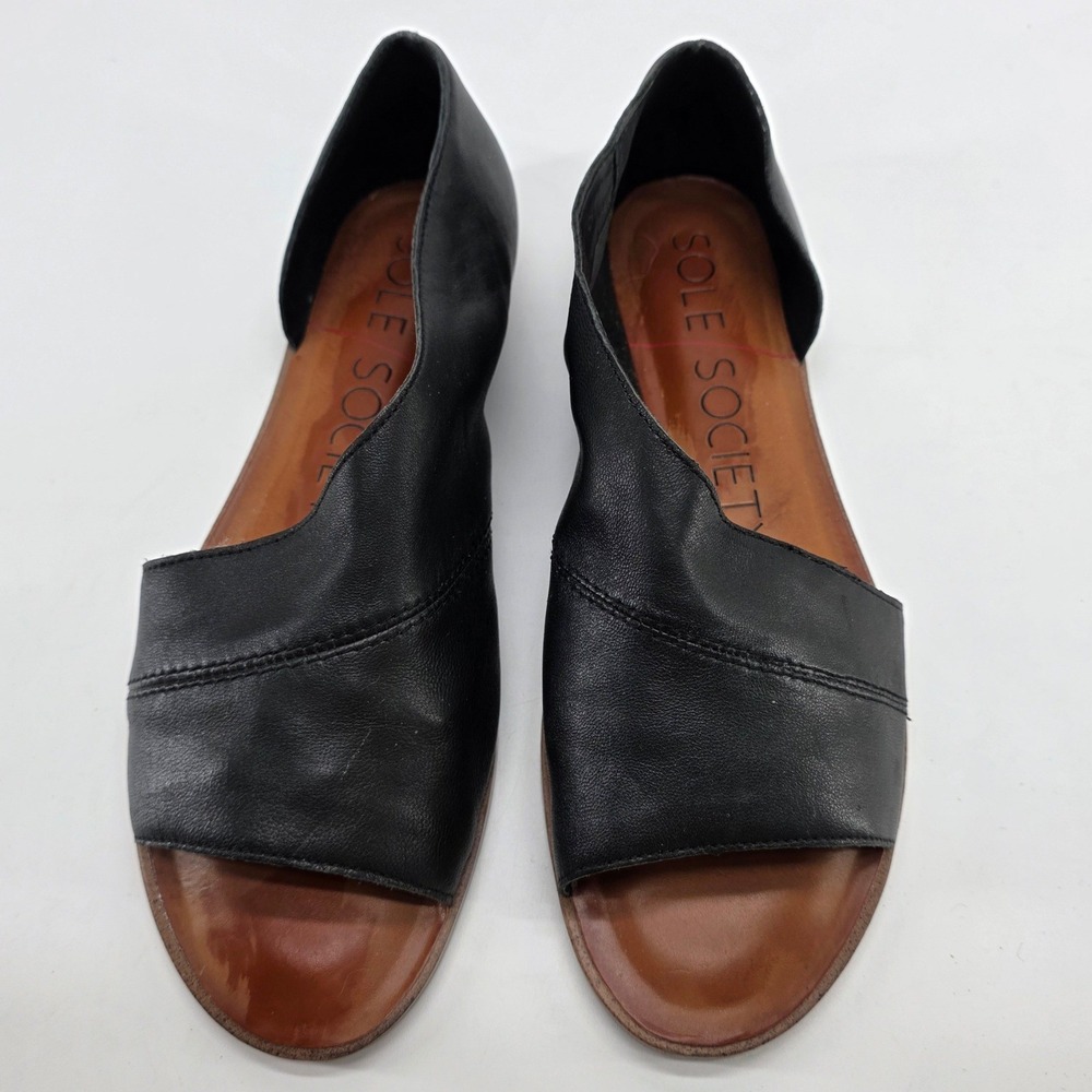 Sole Society Colvan Sandals Black Leather Asymmetric dOrsay Open Toe Flats sz 7